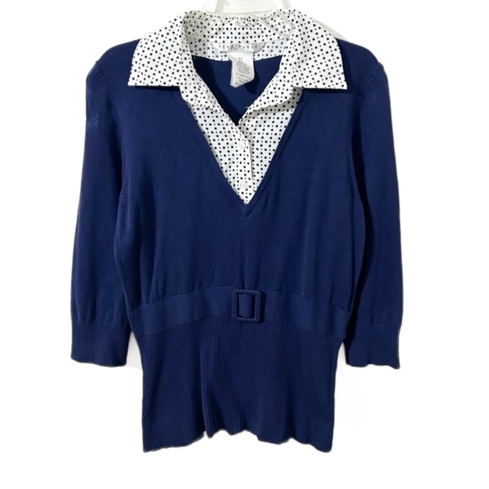 Fred David Navy Blue Knit Sweater White Polka Dot Collar Belt Accent 3/4 Sleeve